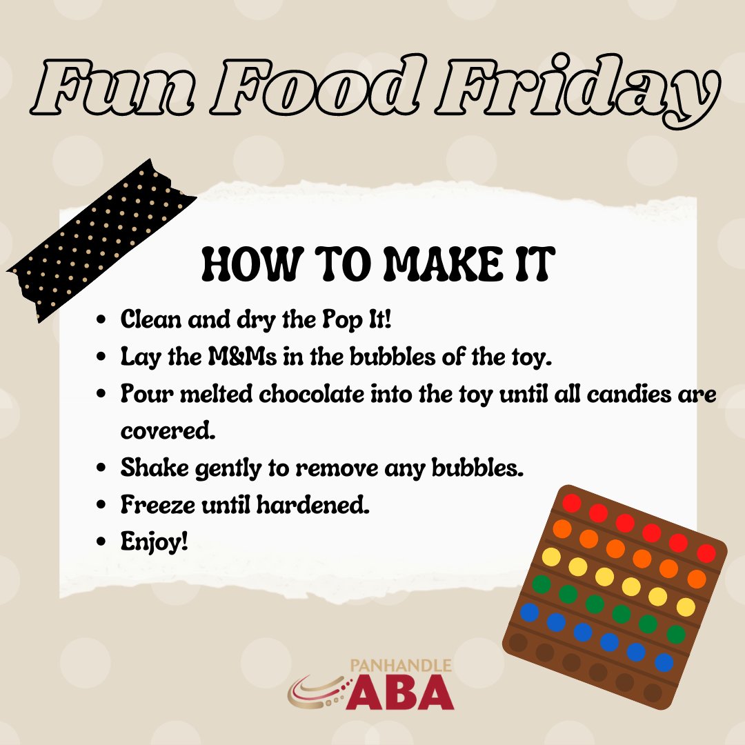 PanhandleABA's tweet photo. Friday is here, so let's have some fun with food! A sensory toy made into a snack or dessert? YES, PLEASE! 🍫 

#funfood #friday #friyay #almosttheweekend  #sensorytoys #tallahasseeflorida #TLH #tallahasseeaba #abatherapy #behavior #behaviortherapist #panhandleflorida https://t.co/WQAybMonTi