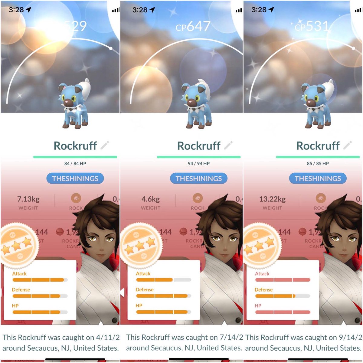 JBruno81's tweet photo. Journey to catch 3 #ShinyRockRuffs has finally come to a end two days ago. Grand total #RockRuffRaids 307. My #FirstShiny was caught after the 70th #Raid on 04/11 #SecondShiny caught after the 280th Raid on 7/14 & the #ThirdShiny caught after the 307th Raid. #PokemonGo #Pogo https://t.co/Mgyd7hiRJs