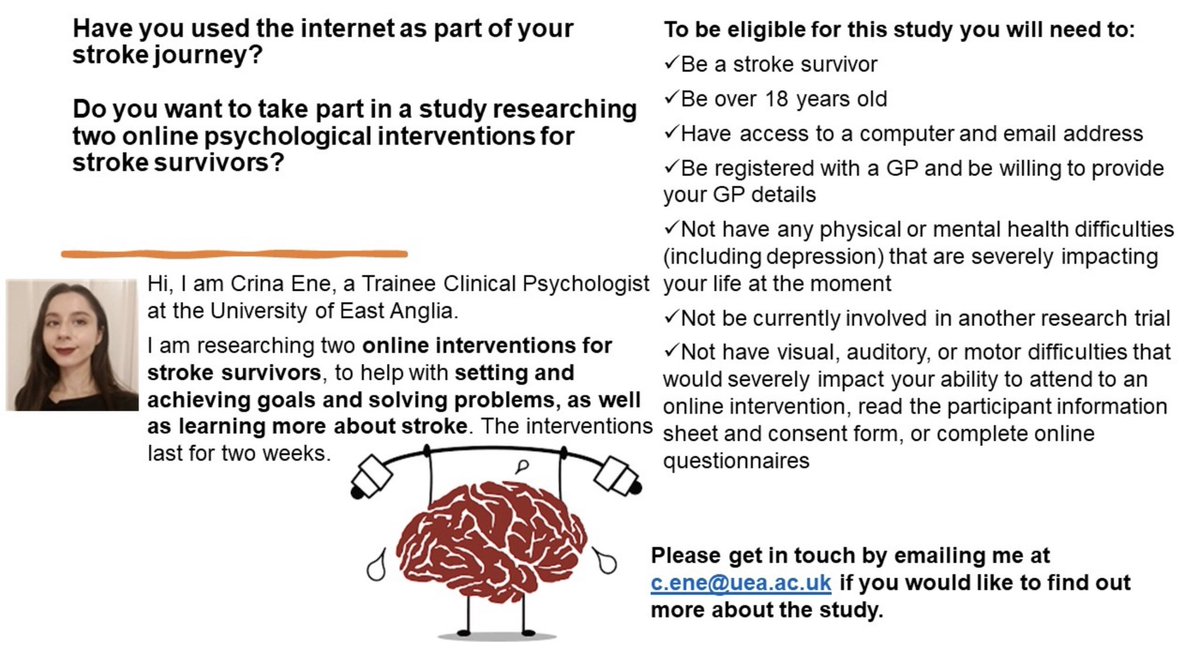 CrinaGeorgiana0's tweet photo. Are you a #strokesurvivor? We are recruiting for a study investigating two online psychological interventions for #stroke . Please get in touch with c.ene@uea.ac.uk if you would like to know more! #research https://t.co/RbEbGaRlXl