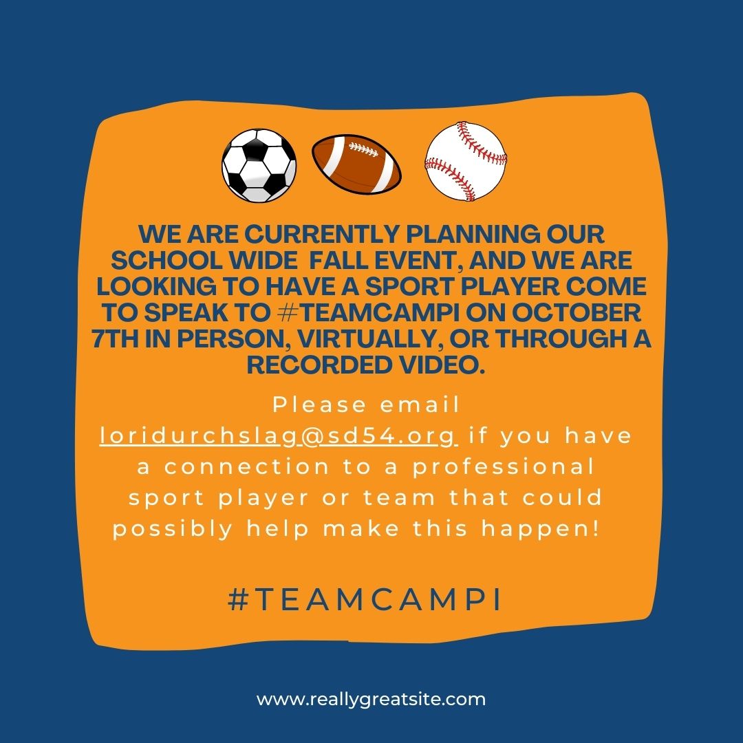 CampiCougars's tweet image. #TEAMCAMPI is in search of a professional sport player to come and speak to our students!  Do you have a connection that may help enhance our Fall Event this year?  #TEAMCampi #FallEvent #chicagobears #chicagocubs #chicagowhitesox #chicagofire #schaumburgflyers #chicagoblackhawks
