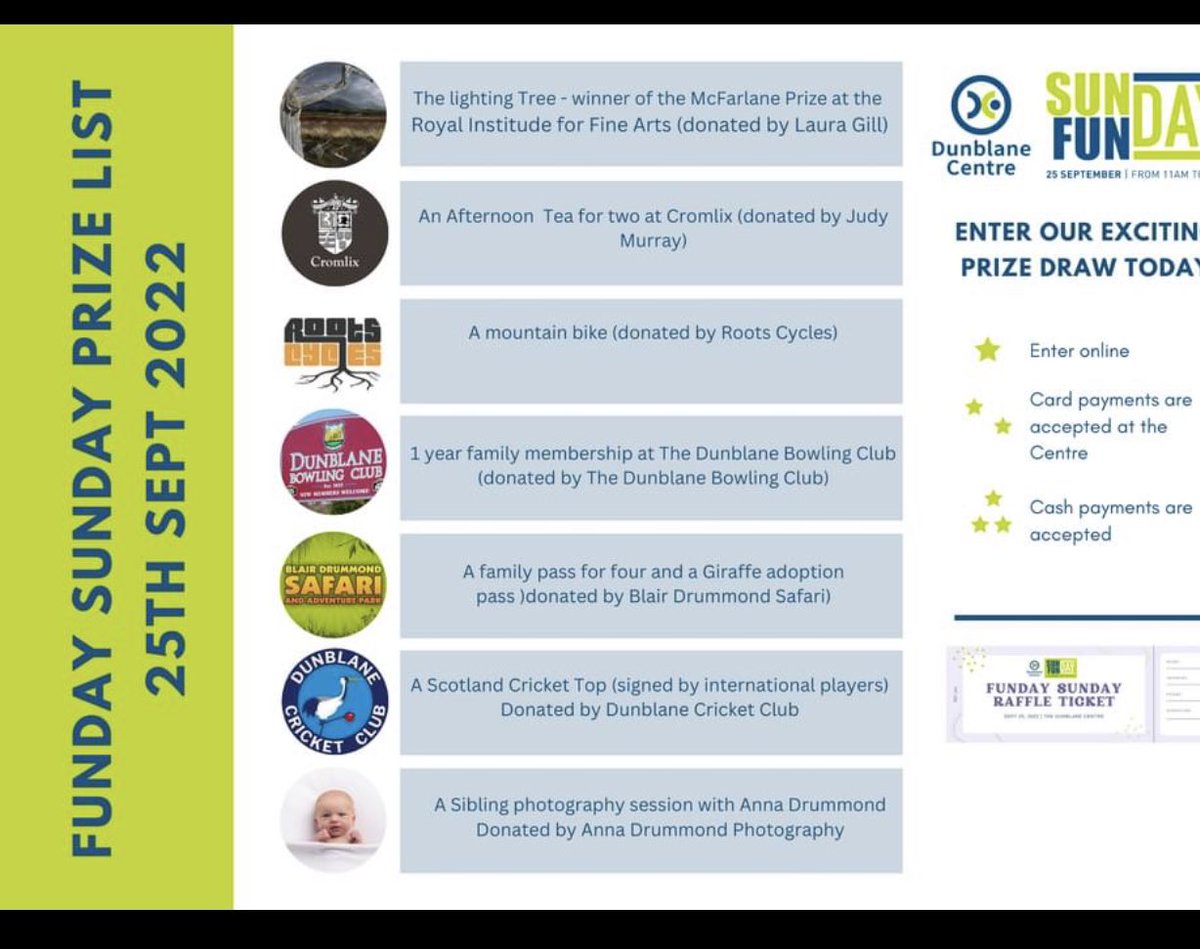 It’s the Dunblane Centre Annual Funday On September 25th. Pop along -  you can also help by buying a raffle ticket 
 
dunblane-centre.sumup.link/product/sunday…