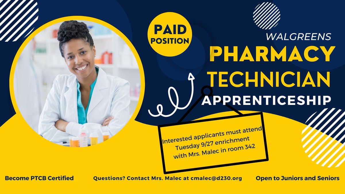 Interested in a career as a Pharmacist? Learn how to apply for the Walgreens Pharmacy Technician Apprenticeship program and make money while earning your PTCB Certification. #earnwhileyoulearn #vjacte <a href="/AndrewHS_d230/">Victor J. Andrew High School</a> <a href="/vjaseniorleader/">VJA Senior Leaders</a>