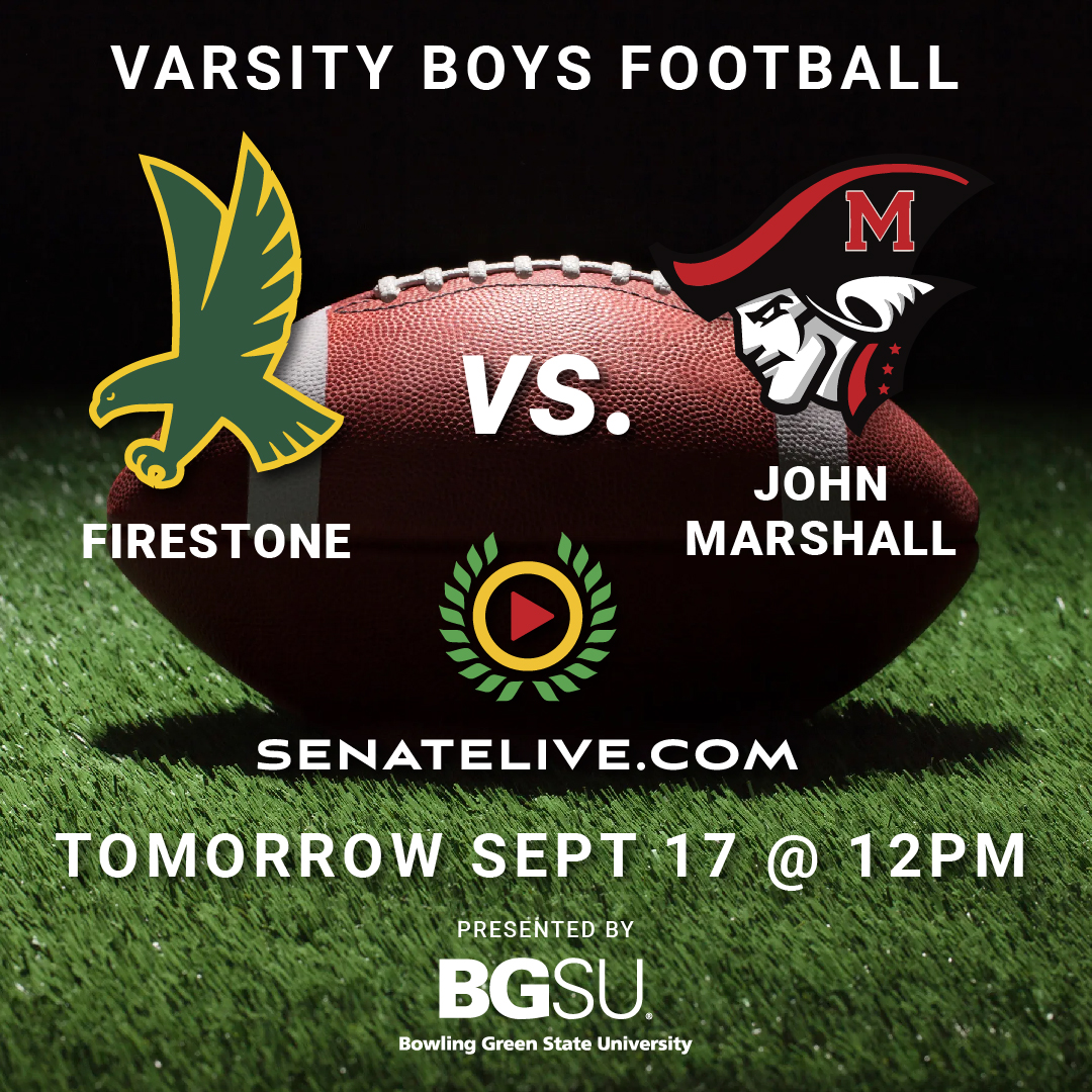 SenateLive's tweet image. Tune in Tomorrow - Saturday Sep 17 for Akron Firestone vs. John Marshall @ 12PM at on senatelive.com! #senatelivedw @CLEMetroSchools @CLESenateSports
 @DistrictWON