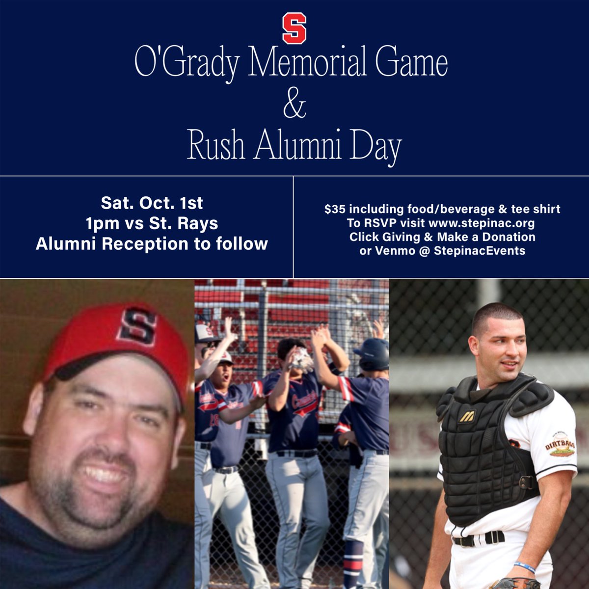 Step_Baseball's tweet photo. 🚨Stepinac Baseball Alumni🚨
Come out to honor 2 great Crusaders and catch cup with former teammates &amp; coaches! Hope to see many of you on Saturday 10/1! #JOG #TR31 #stepinacfamily

https://t.co/G0T0uI1zJW https://t.co/VenDEEk3Lf