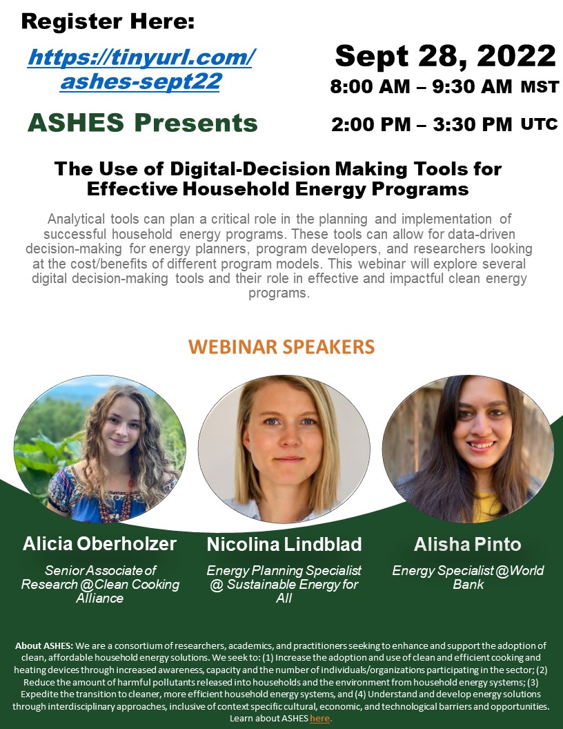 c__lorange's tweet photo. Registration is open for our next household energy webinar. We have three fantastic speakers discussing the development and usage of digital decision-making tools. Sept 28 - Registration: https://t.co/2htm5Kn3pF. Speakers: @aliciaoberhol, @alisha_pinto, and Nicolina Lindblad. https://t.co/ldWsqXWRjF