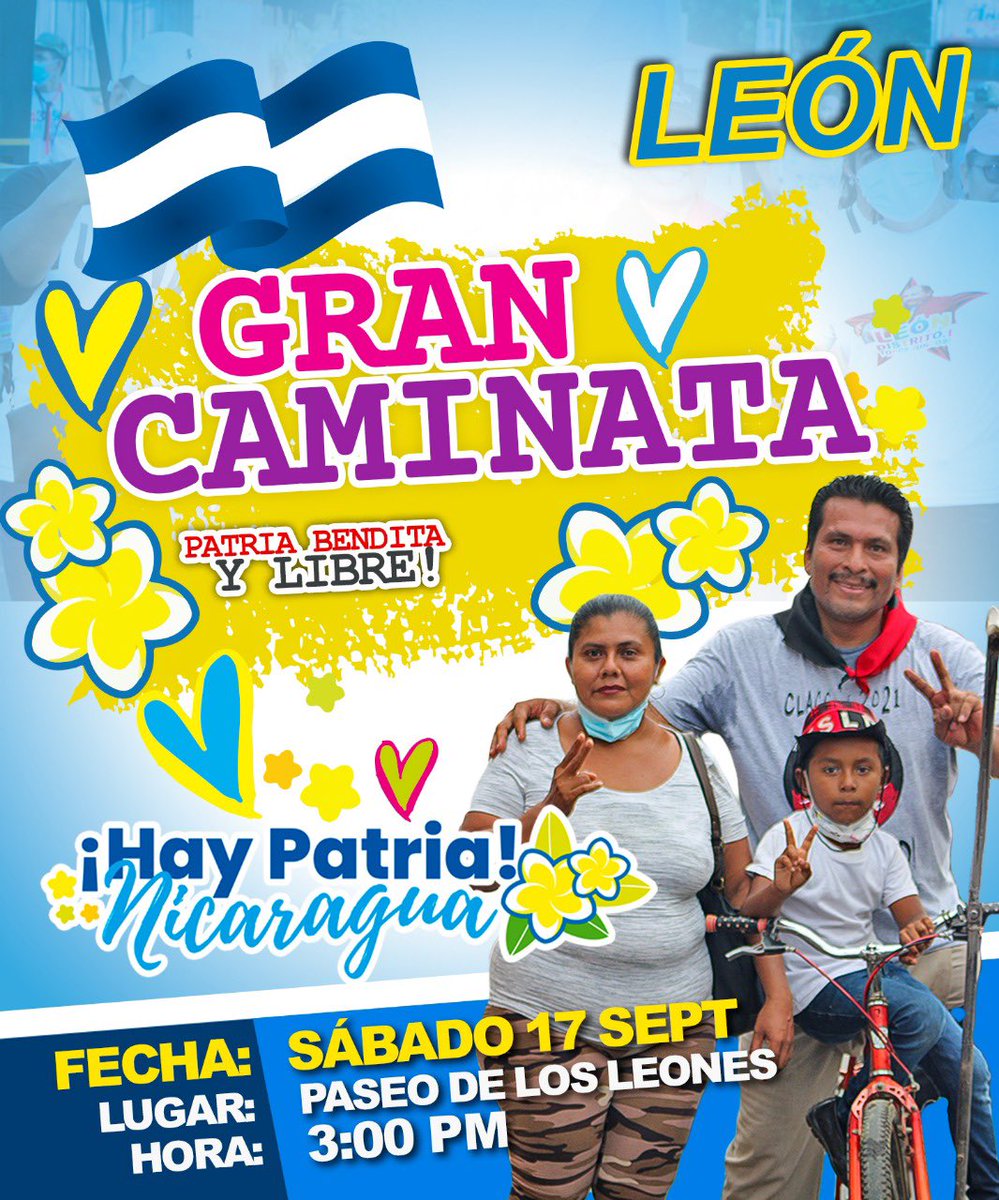 Caminamos por amor a la patria, caminamos porque vivimos tiempos de paz, de dignidad en una #Nicaragua soberana, bendita y siempre libre!
#PatriaBenditaLibre  
#LeonRevolucion