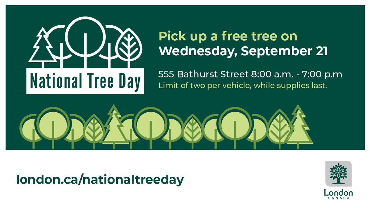 A healthy urban forest helps reduce air pollution, provides shade and lower temperatures, and reduces stormwater flows by absorbing heavy rainfall. Help strengthen #LdnOnt's urban forest by picking up a free tree on September 21 for National Tree Day. london.ca/NationalTreeDay