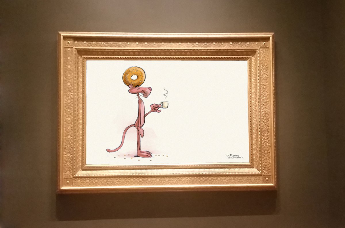 papierwanderer's tweet photo. 'Panther With Bread Hat', colour drawing (2022): #PinkPanther wearing a #SalvadorDali inspired bread hat; a breakfast bagle hat, actually.
Enjoy your weekend, everyone.
Apropos: https://t.co/ns5RYSmwNl
#breadhat #bagle #caricature #characterparody #artsatire #museumart https://t.co/y7xd5EnDA1