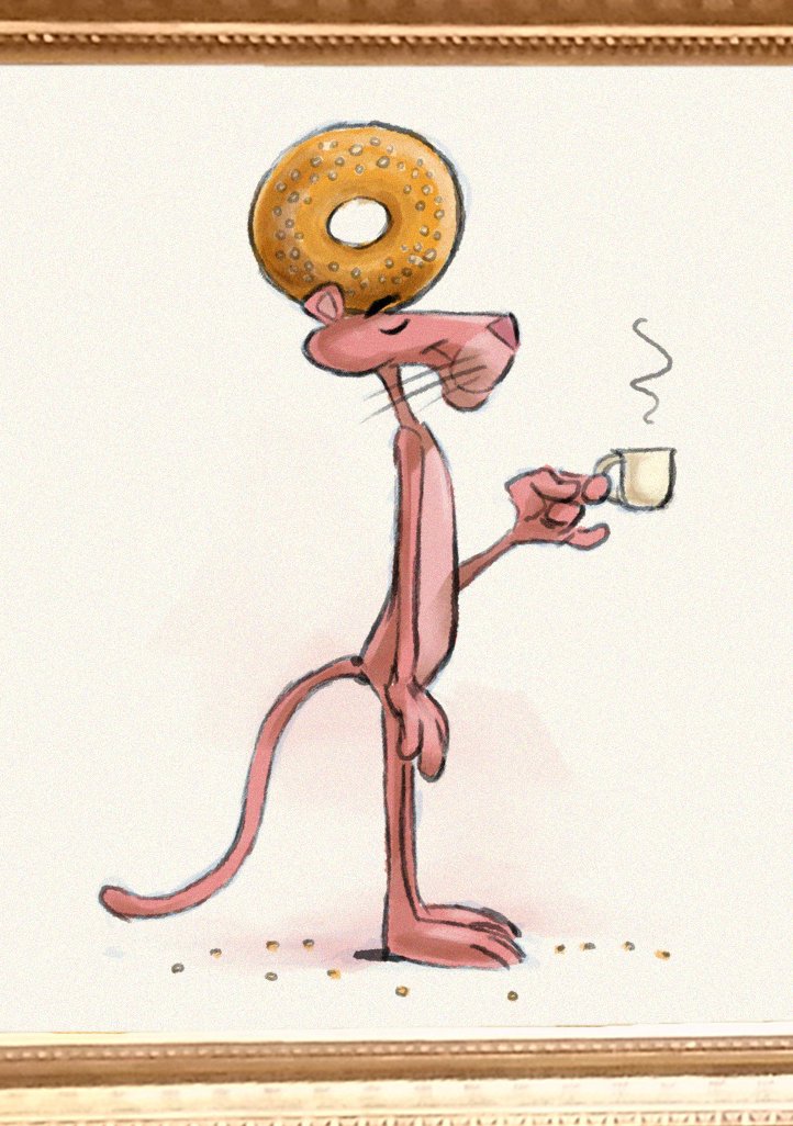 papierwanderer's tweet photo. 'Panther With Bread Hat', colour drawing (2022): #PinkPanther wearing a #SalvadorDali inspired bread hat; a breakfast bagle hat, actually.
Enjoy your weekend, everyone.
Apropos: https://t.co/ns5RYSmwNl
#breadhat #bagle #caricature #characterparody #artsatire #museumart https://t.co/y7xd5EnDA1