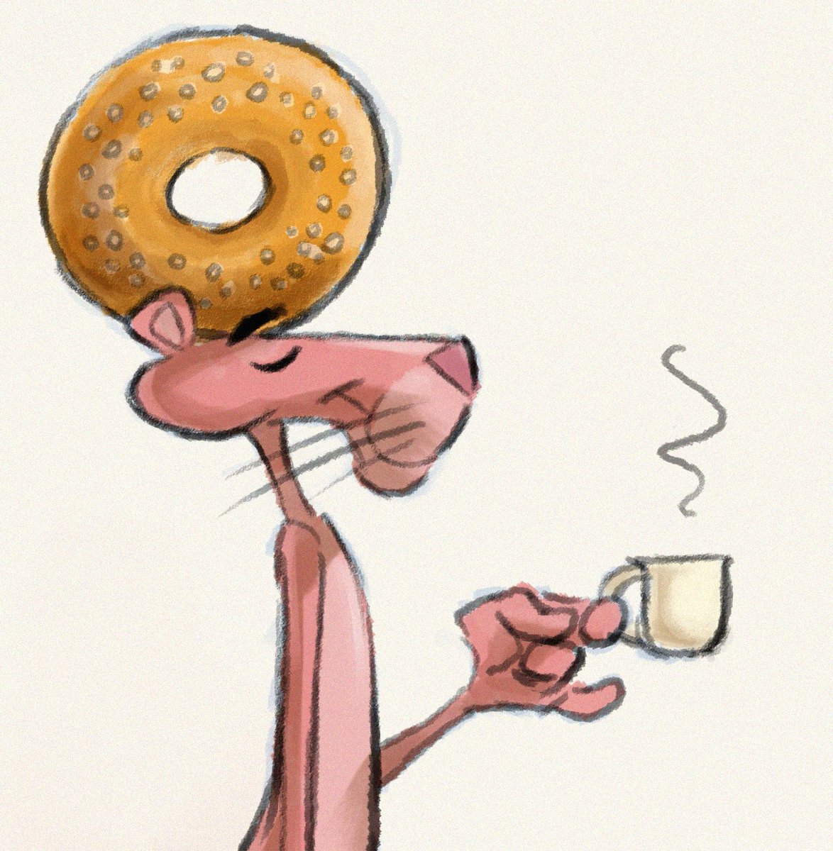 papierwanderer's tweet photo. 'Panther With Bread Hat', colour drawing (2022): #PinkPanther wearing a #SalvadorDali inspired bread hat; a breakfast bagle hat, actually.
Enjoy your weekend, everyone.
Apropos: https://t.co/ns5RYSmwNl
#breadhat #bagle #caricature #characterparody #artsatire #museumart https://t.co/y7xd5EnDA1
