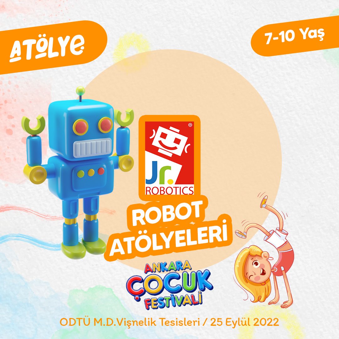 Çocuklar robot atölyelerinde kendi robotlarını yapacak; montajını ve kodlamasını eğlenerek öğrenecekler.

🗓️25 Eylül
📍ODTÜ M.D. Vişnelik Tesisleri
🎟️Biletler <a href="/biletix/">Biletix</a> ve <a href="/biletinial/">Biletinial</a>’da
ℹ️ Biletli katılımcı, festival alanındaki tüm etkinliklerden ücretsiz faydalanır.