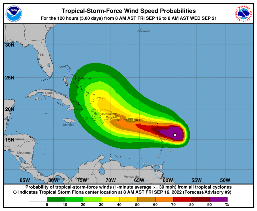 JohnMoralesTV's tweet photo. 2 PM: CNH en coordinación con @ONAMET_RDO emite una Vigilancia de Tormenta Tropical para República Dominicana

Probabilidad de vientos de tormenta según la info más reciente de CNH (%)

Vieques 58
Aguadilla 57
Ponce 53
San Juan 38

Puerto Plata 47
Santo Domingo 44

@COE_RD #Fiona https://t.co/XZA8SPoMgj