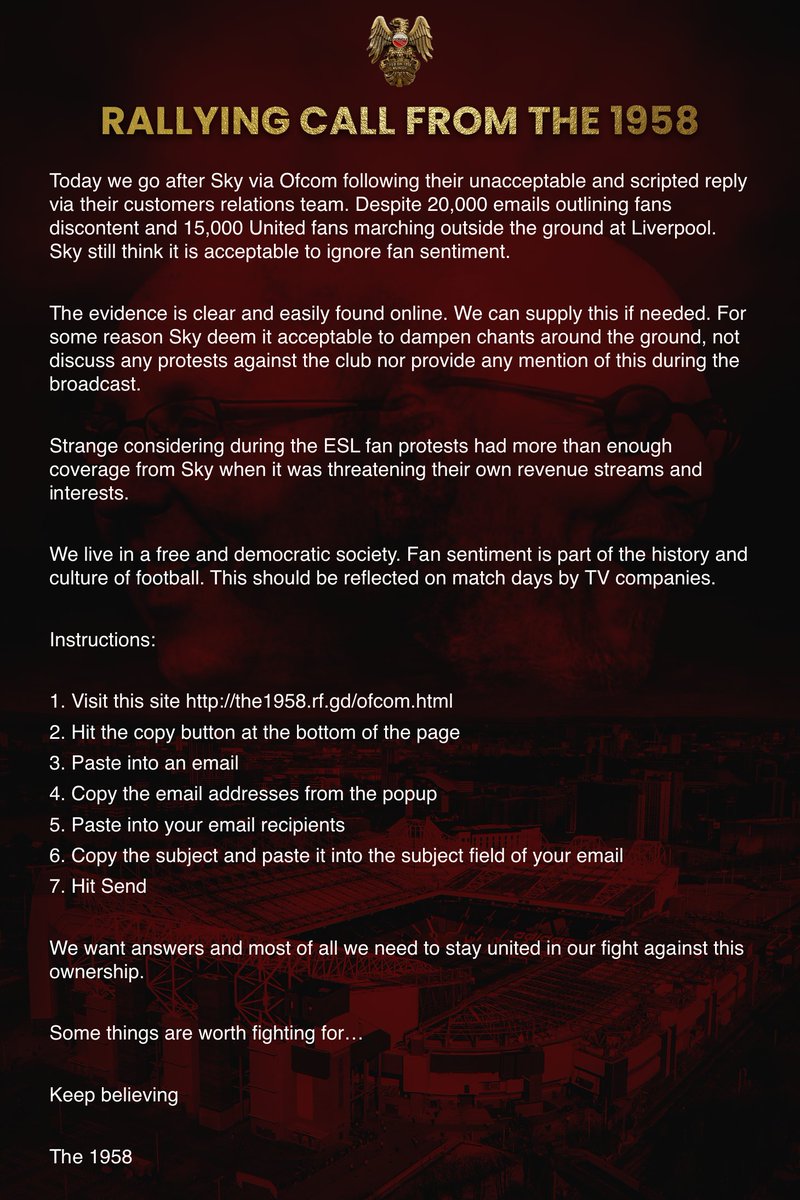 The__1958's tweet photo. EMAIL CAMPAIGN 

After the unacceptable response from Sky. 

We go straight to Ofcom for answers. 

Make sure you all send this email Reds!

We refuse to be manipulated by the Glazers and their enablers.

Instructions in the link below👇

https://t.co/mqTVnK7cWP

#GlazersOut 🇾🇪 https://t.co/tXgeNuCcuo