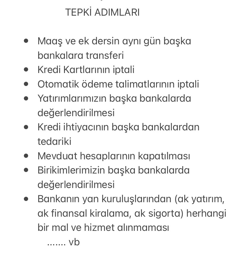 Akbank ile yapılan promosyon sözleşmesinin güncellenmesi/fesih talebimize karşılık <a href="/Akbank/">Akbank</a>’ın 36 ay için 20 Bin TLlik teklifini reddettik

Bankanın üstenci ve dayatmacı tavrına karşı hafta içinde tüm sendikaları ortak açıklama yapmaya ve tepki adımlarını başlatmaya davet ediyorum