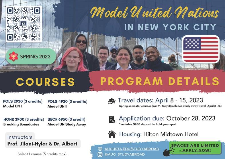 AUG_SocSci's tweet image. Consider taking Model UN this spring semester. It’s a hands on, student led class that focuses on solving the most pressing global problems affecting us today. 

Study Abroad Fair
JSAC Ballroom
Sept. 21st from 11 AM- 2 PM

Study Abroad application: augusta.edu/studyabroad/pr…
