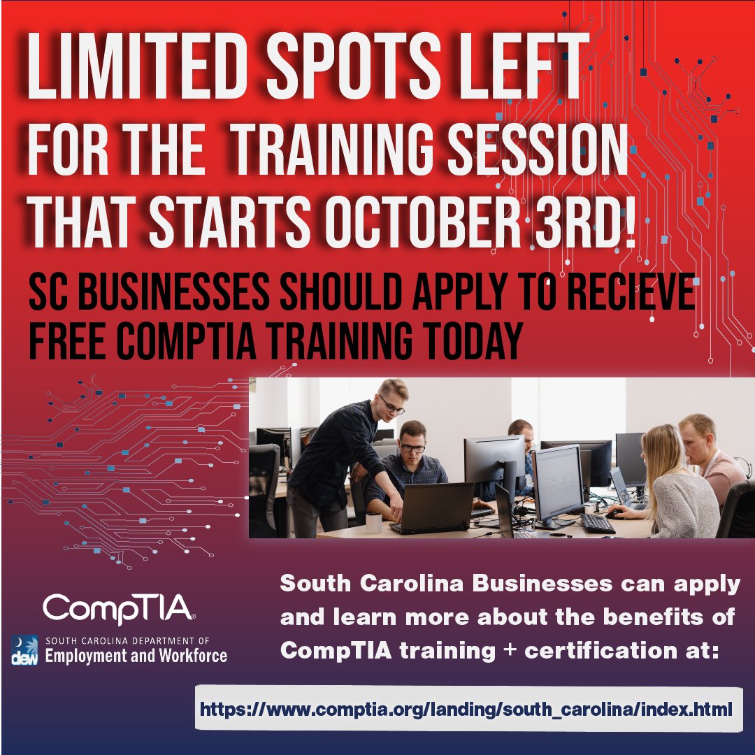 SC Businesses, sign up today for FREE CompTIA training! Find out more by visiting comptia.org/landing/south_…