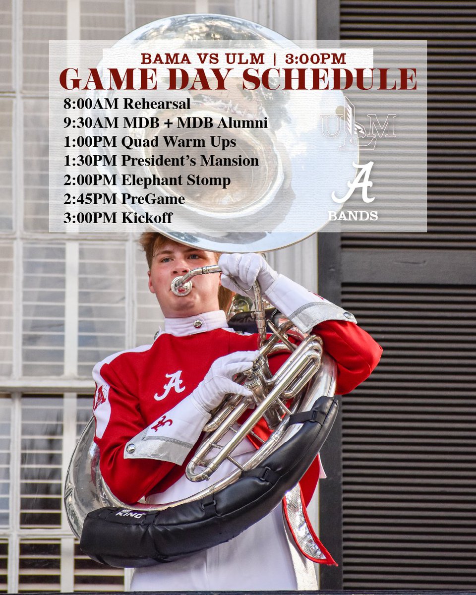 The official GAME DAY Schedule

#collegeband #milliondollarband #band #gameday #mdb #rolltide #rolltideroll #alabama #ua #alabamafootball