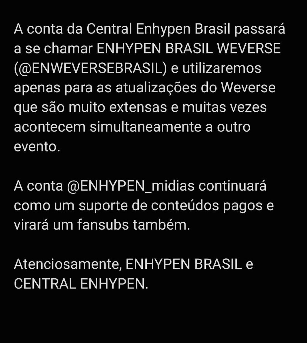 🔀| Comunicado sobre a fusão da @ENHYPENBRASIL_ e da <a href="/CentralEnhypen/">Central Enhypen Brasil</a>.

Esperamos que nos apoiem nessa nova jornada pois agora estamos juntando forças para melhorar nossos conteúdos para vocês.