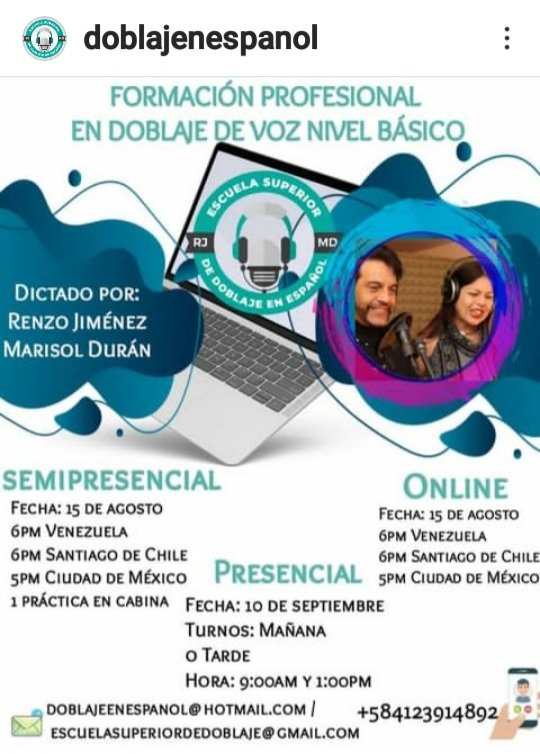 ChicaDeJeans's tweet image. La academia superior de doblaje inicia nuevos cursos en:

*Actuación
*Acento Neutro

*Doblaje de:
*Peliculas
*Series
*Documentales
*Novelas
*Ánime

Modalidad PRESENCIAL y ON lINE.

Más información comunicarse al teléfono 
(0412) 391 48 92

#doblaje #doblajes #doblajeenespañol