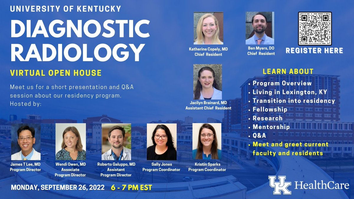 UKy_RAD_RES's tweet photo. Hey #FutureRadRes register now for our first #virtualopenhouse this September 26th at 6PM EST.  Use the QR code or https://t.co/kjx73pseQ2 @UKYMedicine @TheRadRoom @AuntMinnie https://t.co/WDzJ5lKzOM