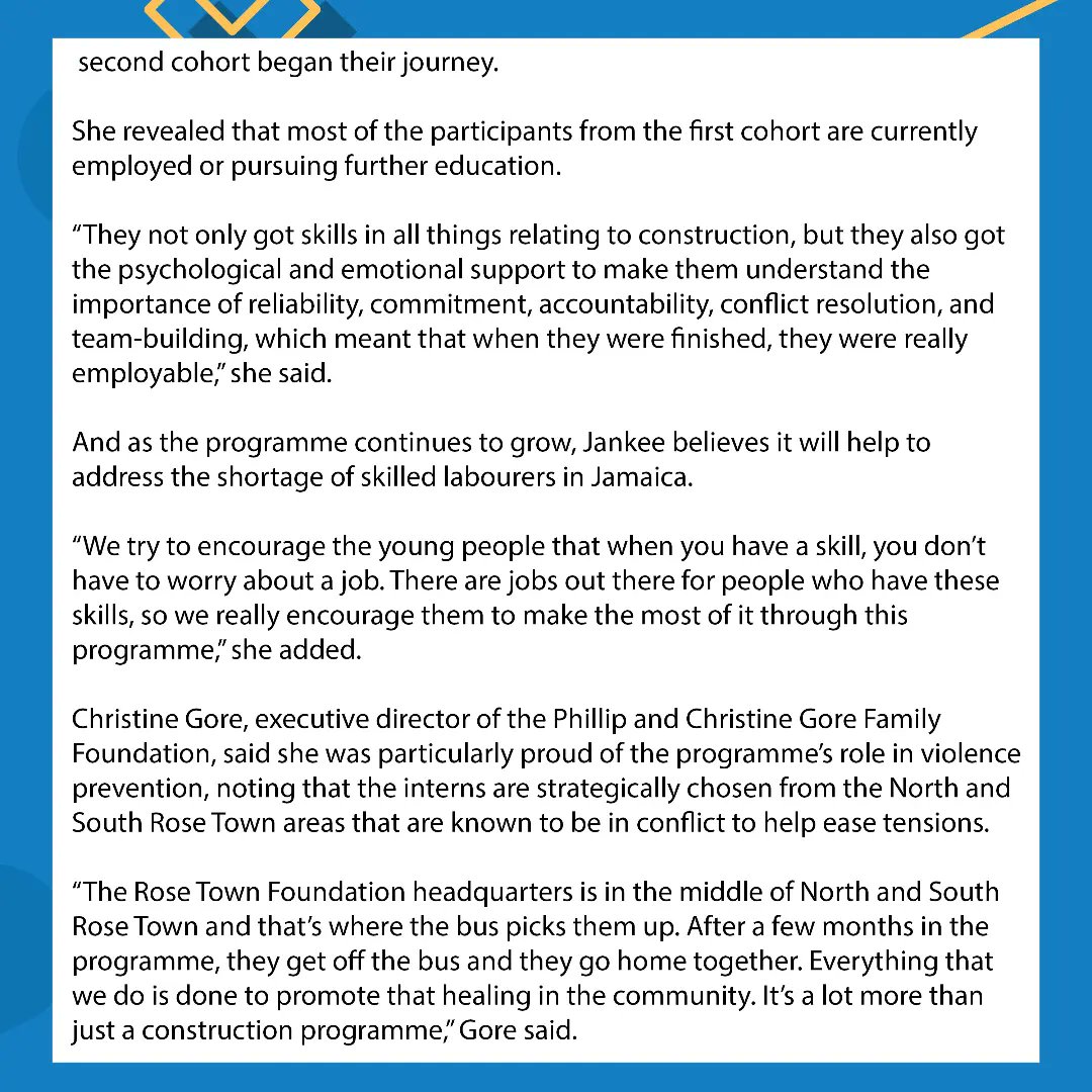 "21 year old Twyrike Campbell is a proud alumnus of the Rose Town Construction Internship Programme, which is giving at-risk youth from the inner-city community a fighting chance by steering them towards a productive future." Read full article here >> 
jamaica-gleaner.com/article/news/2…