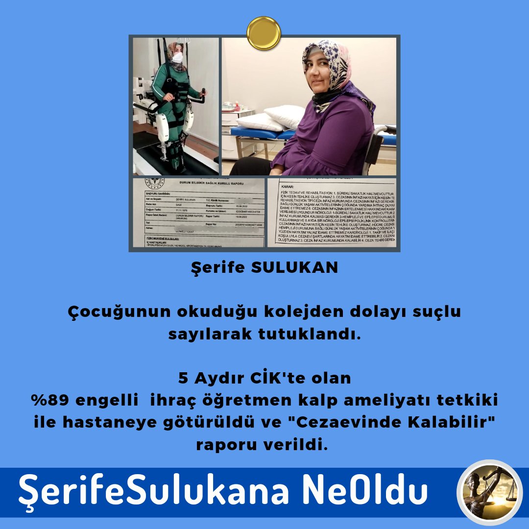 Şerife Sulukan %89 engelli ve tutuklu, 'suçu' ise çocuğunun devlet izinli bir kolejde okuması. Şimdi ise kendisinden 4 gündür haber alınamıyor. Şerife Sulukan NEREDE? @TC_icisleri @izmirataturkeah ŞerifeSulukana NeOldu