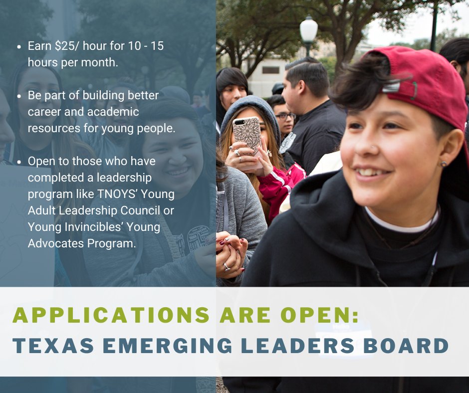 NEW: TNOYS is excited to launch the Texas Emerging Leaders Board in partnership with <a href="/YoungInvincible/">Young Invincibles</a> and <a href="/AspenFCS/">Forum for Community Solutions</a> This is a great opportunity for 15 young people to grow as leaders and influence change statewide. Learn more: bddy.me/3xvukcj