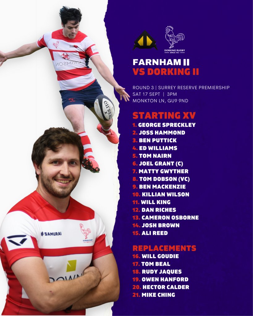 DorkingRugby's tweet photo. 🚨 Teams are up 🚨

Dorking 1's travel to Barnes and our 2's to Farnham where they will both Kick off at 3pm tomorrow. 

Good Luck Men!

#WACOMB https://t.co/MloivEwA4Z