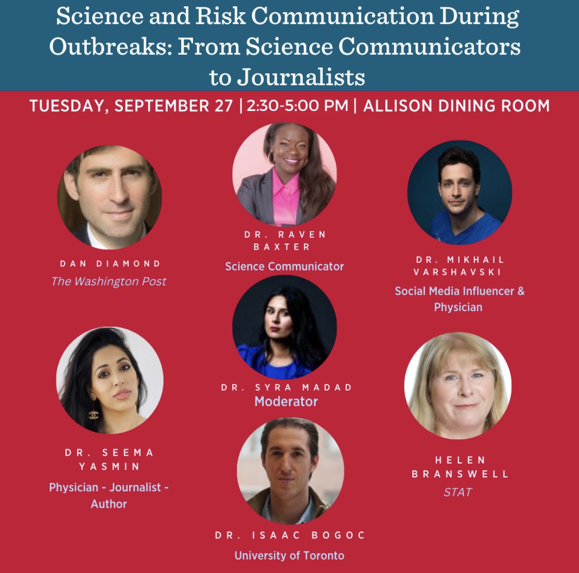 drsyramadad's tweet photo. Science and Risk Communication During Outbreaks: From Science Communicators to Journalists
With an amazing panel of speakers: @ddiamond @ravenscimaven @RealDoctorMike @DoctorYasmin @HelenBranswell @BogochIsaac
https://t.co/XXLt9kDCIl
Hosted by @Kennedy_School @BelferCenter https://t.co/O6DyYsvLBc