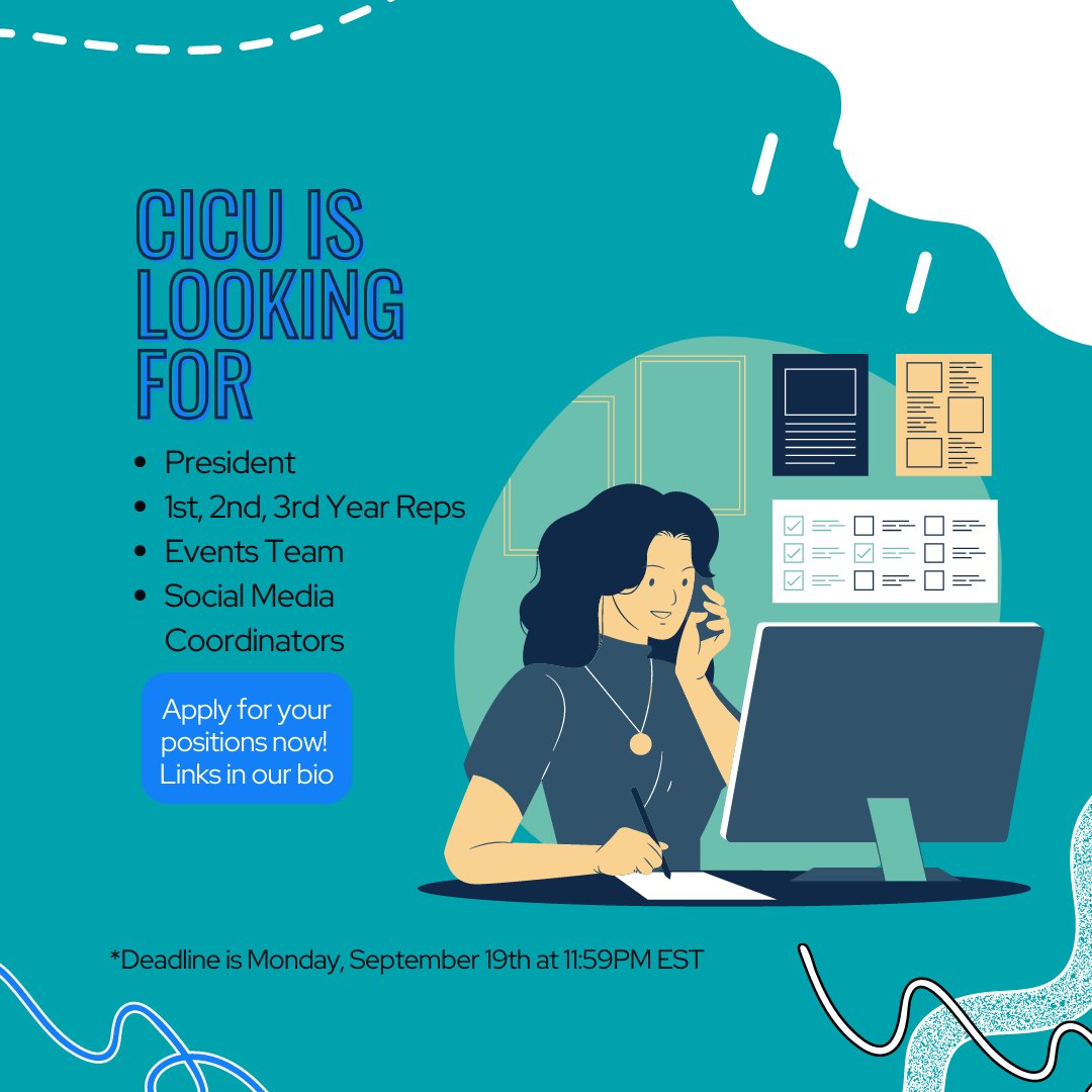 We’re looking for a President, year reps, social media coordinators and an events team! 

For more information and to apply, complete the applicable Google form in our bio. 

*Deadline to apply is Monday, September 19th at 11:59pm EST.