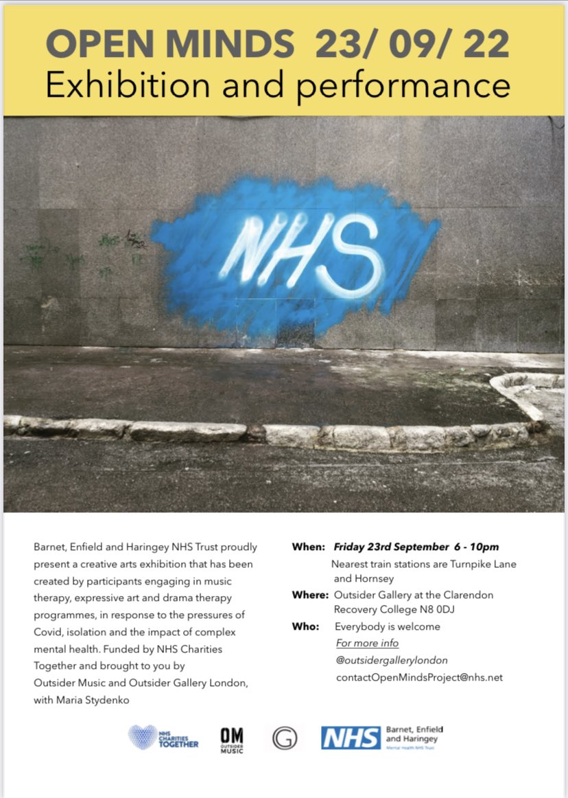 Next Friday 23/09/22 our new @BEHMHTNHS exhibition and performance opens. Creative outcomes from #dramatherapy #musictherapy and #art. 6-10pm N8 0DJ free and open to all #NHS