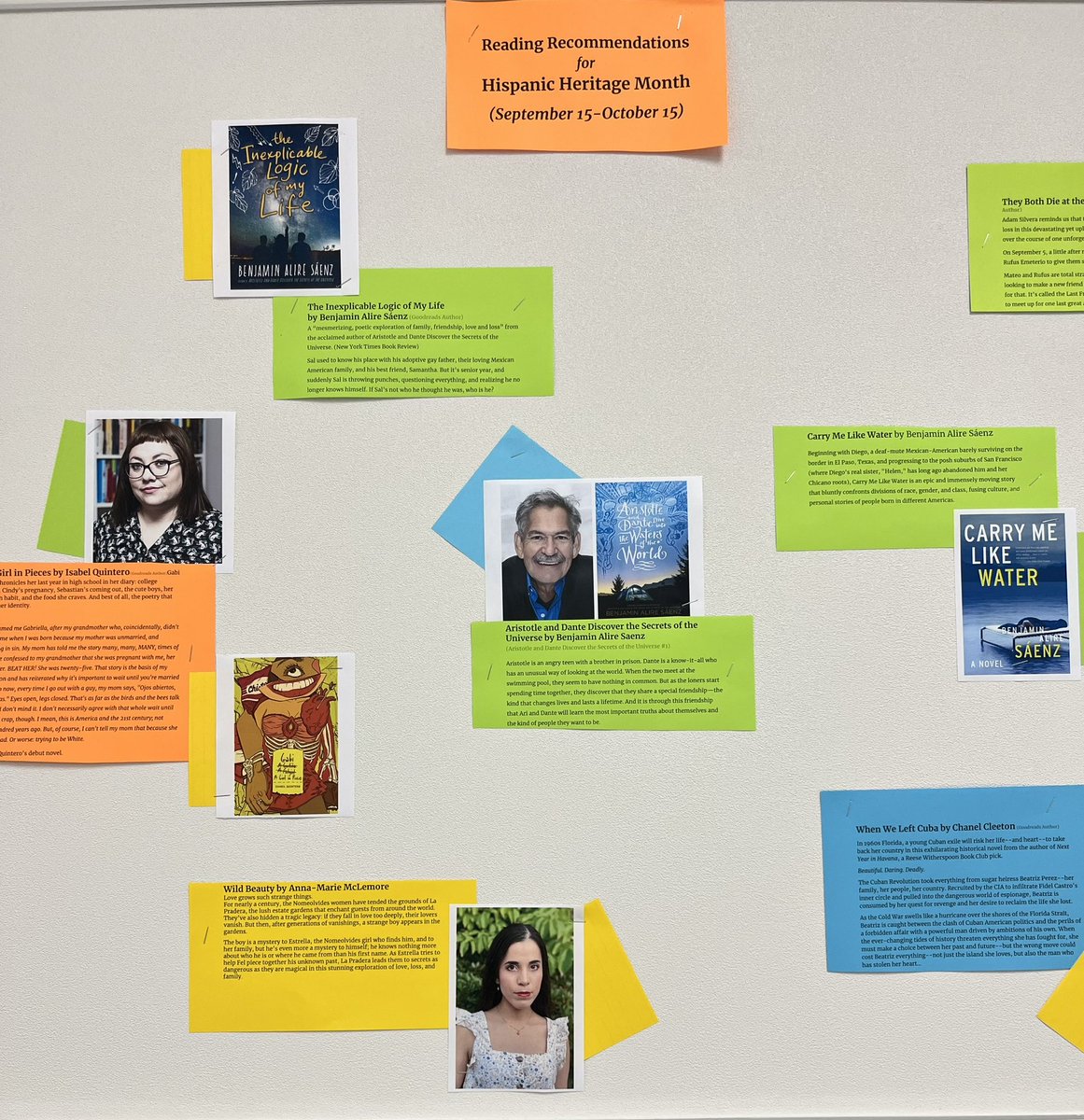 S13jenny's tweet photo. Celebrating Hispanic Heritage Month w/book recommendations for book authors, illustrators, and characters of Hispanic heritage. #gallerywalk #libraryday @IowaColonyHS #RLA #readinglanguagearts https://t.co/WQXulRANzA