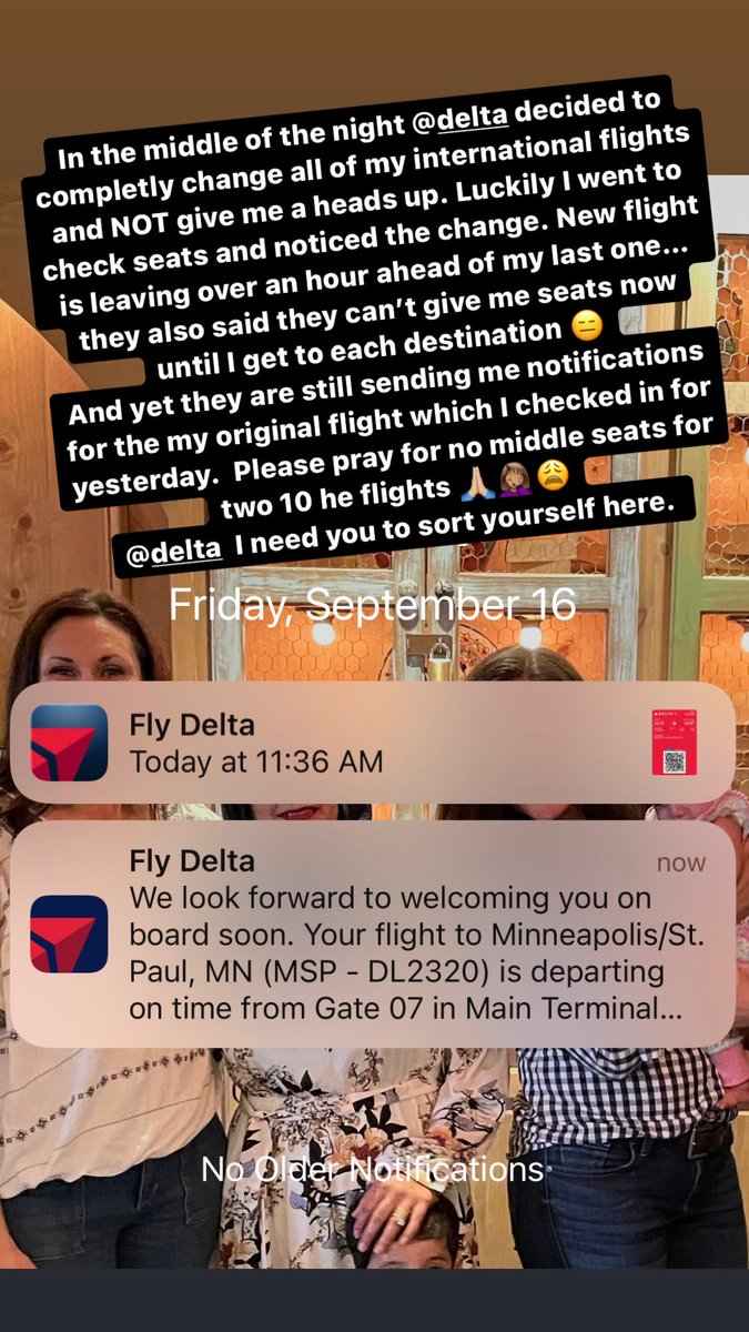 parrozzo's tweet photo. @Delta is killing me! They changed my international flights in the middle of the night after I already checked in yesterday for my other flight with my friend. No notification. And now they can’t get us seats on the new flights when the others were great seats! Still notifying me https://t.co/62m2mBavux