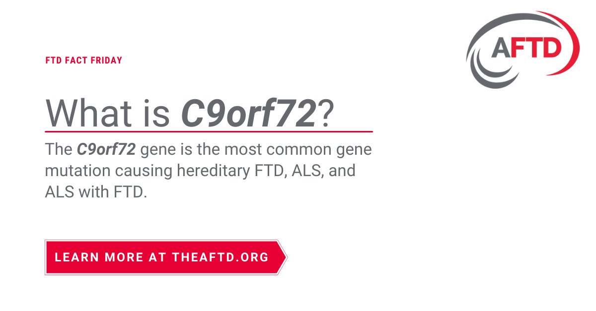 AFTDHope's tweet photo. 🧬 The #C9orf72 #genemutation leads to abnormal accumulation of #TDP43 protein and is the most common #geneticmutation in hereditary #FTD & #ALS.
🖱️ Click to learn more about #FTDgenetics: https://t.co/1TB8ViLY76
📲 Then retweet to help increase #FTDawareness.
#FTDFactFridays https://t.co/IOh6vyuN2Q