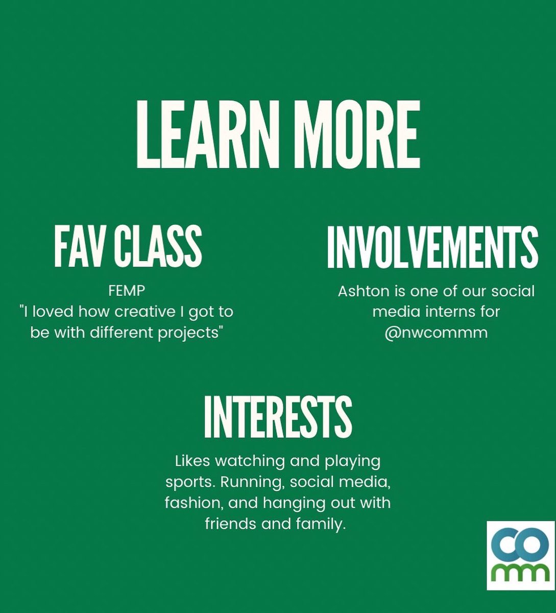 NWComMM's tweet photo. Get to know Ashton Dain, one of our media interns this semester! #rushwellshall #FeatureFriday https://t.co/dYB2DBusj8