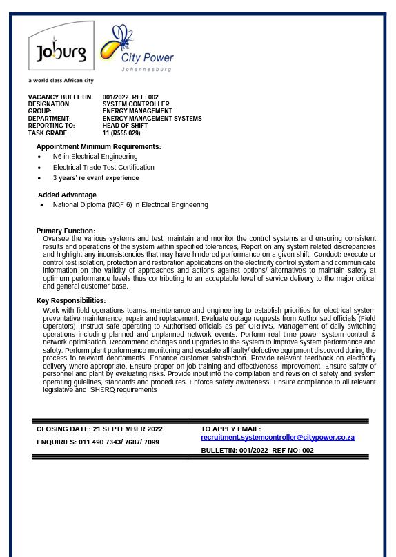 CityPowerJhb's tweet image. #EmploymentOpportunity 
#Closingdate: 21 Sep 2022

Kindly visit 👇👇
citypower.co.za/careers/Pages/…
For more info .

^IL