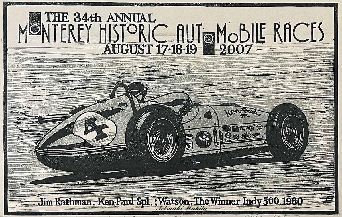 tetsuaki_makita's tweet photo. 【木版画 No.146】
〈2007年 第34回 Monterey Historic Automobile Races 記念木版画 No.16〉
 1960 Watson Roadster:Jim Rathmann Ken-Paul Special,Indy 500 Winner 
《墨絵375㎜×430㎜》
《版木455×605㎜①②》
《木版画318×498㎜》
#inkpainting 
#woodblockprint 
#watsonroadster
#indy500winner https://t.co/iCnmBPIkgG