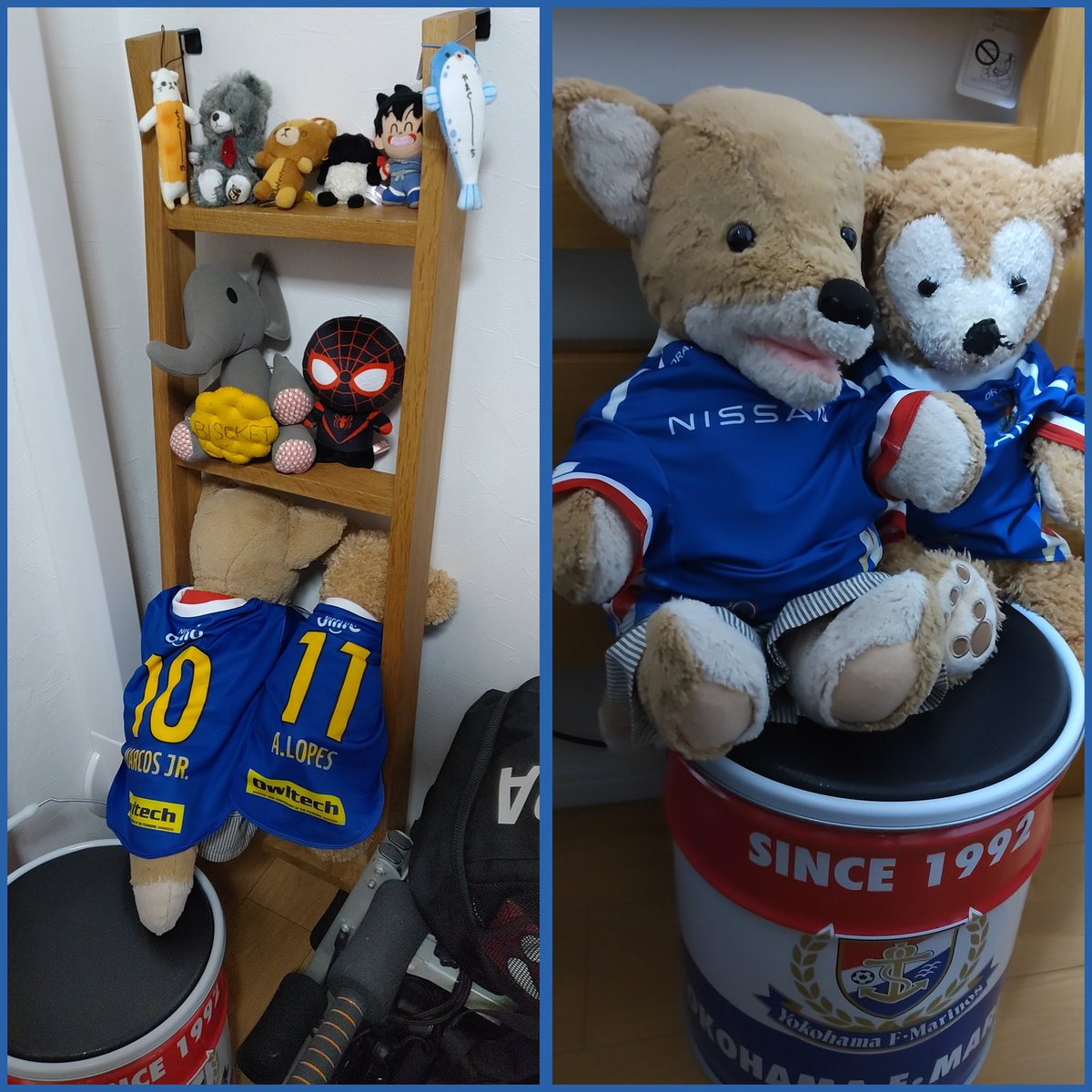 maronchanleo's tweet photo. ぬいぐるみもちょっと飾ってみて、背番号優先にするとかわいそうだったので、フロント写真も。

#ダッフィー
#鼻負傷中　🐕←犯人
#こん
#こんとあき
#fmarinos 
#marcos
#alopes https://t.co/cWzLW7tz36