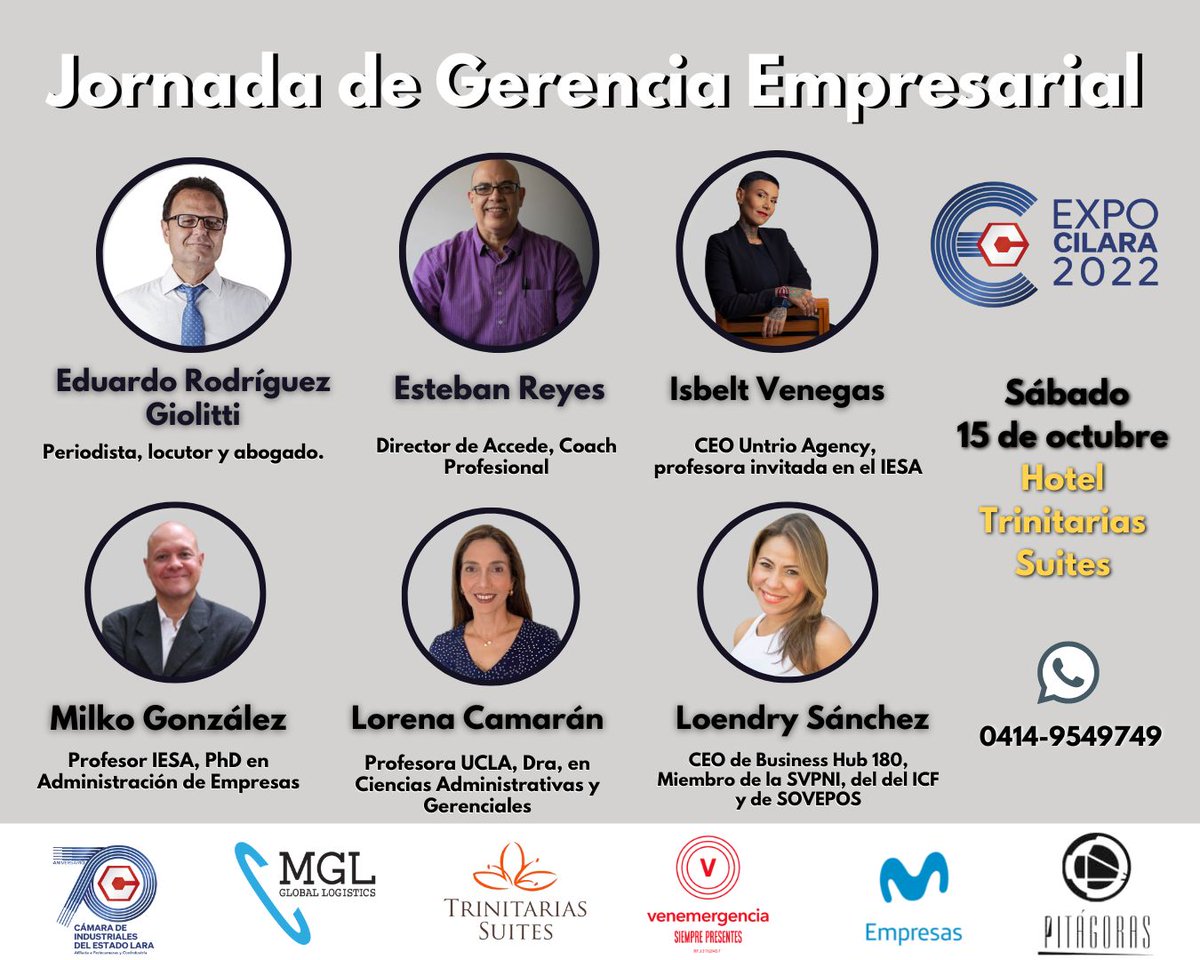 cilaraaldia's tweet photo. Dentro de la #ExpoCilara2022 tendremos La Jornada de Gerencia Empresarial, una actividad con destacados ponentes nacionales y regionales, quienes compartirán conocimientos en interesantes temas.
Adquiere tus entradas por el 0414-9549749 https://t.co/6vQ2c7nOCT