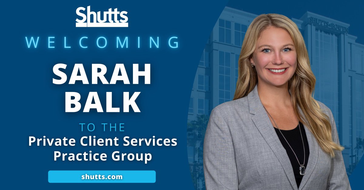 ShuttsBowen's tweet photo. #Shutts is pleased to announce the addition of attorney Sarah Balk to the #PrivateClientServices Practice Group in the #Tampa office. Sarah advises clients with regard to business and wealth transition planning, #wills, #trusts and more. #Welcome #NewHire

https://t.co/AGYHJLwduu https://t.co/9xzJtY3OhJ