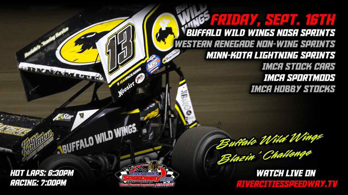 RiverCitiesND's tweet photo. TONIGHT! The Buffalo Wild Wings Blazin Challenge!

Green flag drop at 7:00pm! https://t.co/AchdZuqlIP