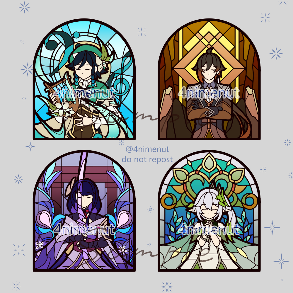 i tried drawing the archons in a stained glass-esque aesthetic! happy anniversary genshin 💖

#GenshinImpact #原神 