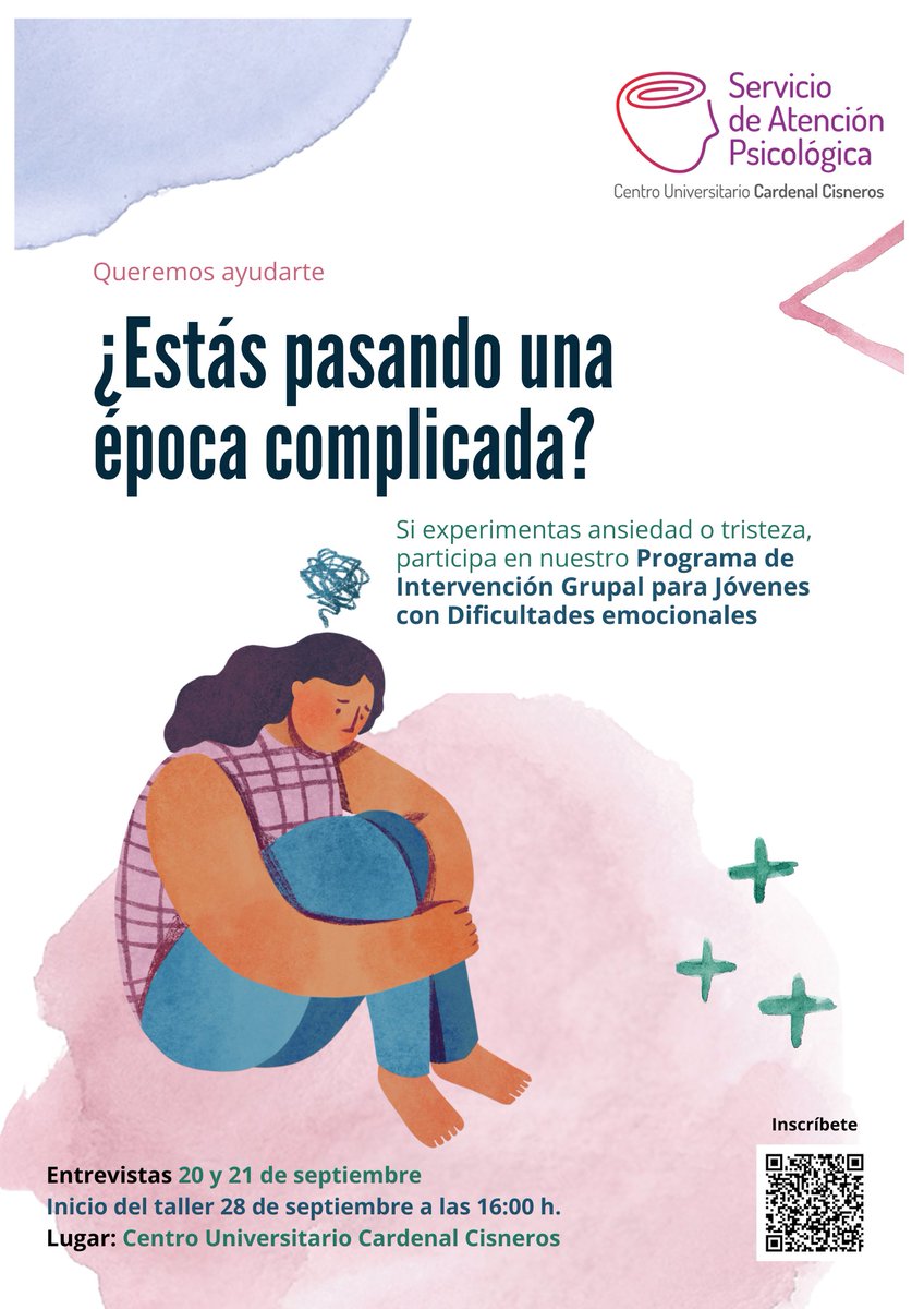 El #SAPsiCUCC organiza un Programa de #intervención para estudiantes del #CUCC y de la <a href="/UAHes/">Universidad Alcalá</a> que estén experimentando síntomas de #ansiedad y tristeza y que quieran aprender a comprender y a controlar sus emociones.

Consulta toda la información ℹ️ cardenalcisneros.es/es/programa-de…