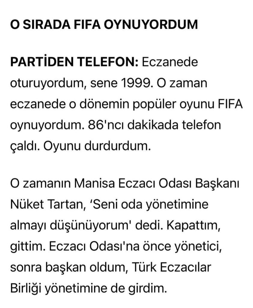 1-) Sn. <a href="/eczozgurozel/">Özgür Özel</a> kardeşim, sen eczanede PlayStation’da FIFA oynarken biz siyaset yapıyorduk. Biz bu oyuna da 86. dakikada bir telefonla girmedik. 

Liyakatsiz bir partide olmanın avantajıyla Genel Başkanlık hayaliyle bana saldırmanı anlıyorum.
