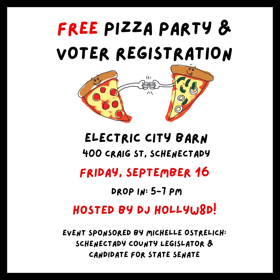 Join us this evening at the Electric City Barn for free #pizza 🍕 &amp; #voter registration 🗳📋

#Schenectady 

#VoteBlue2022 #VoteBlueToSaveDemocracy #VoteBlueToProtectWomen #VoteBlueToProtectOurRights