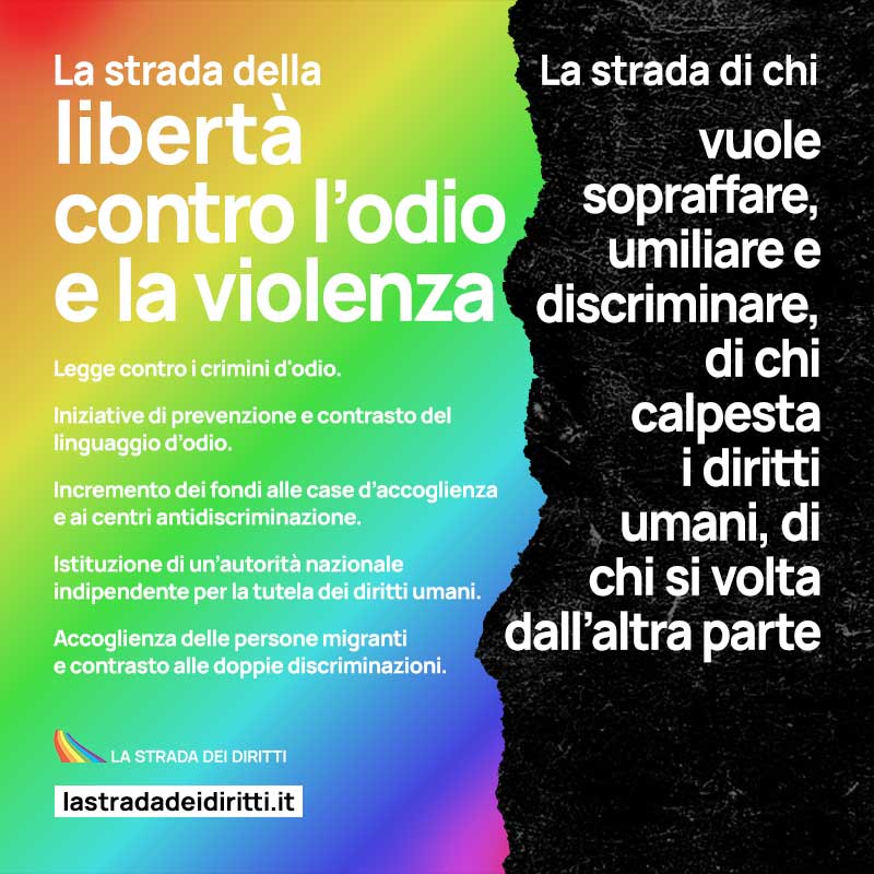 Oggi parliamo di: #odioeviolenza
Cara politica, prendi #lastradadeidiritti
Leggi le rivendicazioni delle associazioni LGBTQIA+ e le proposte dei partiti su
lastradadeidiritti.it
#ElezioniPolitiche2022
#lastradadeidiritti