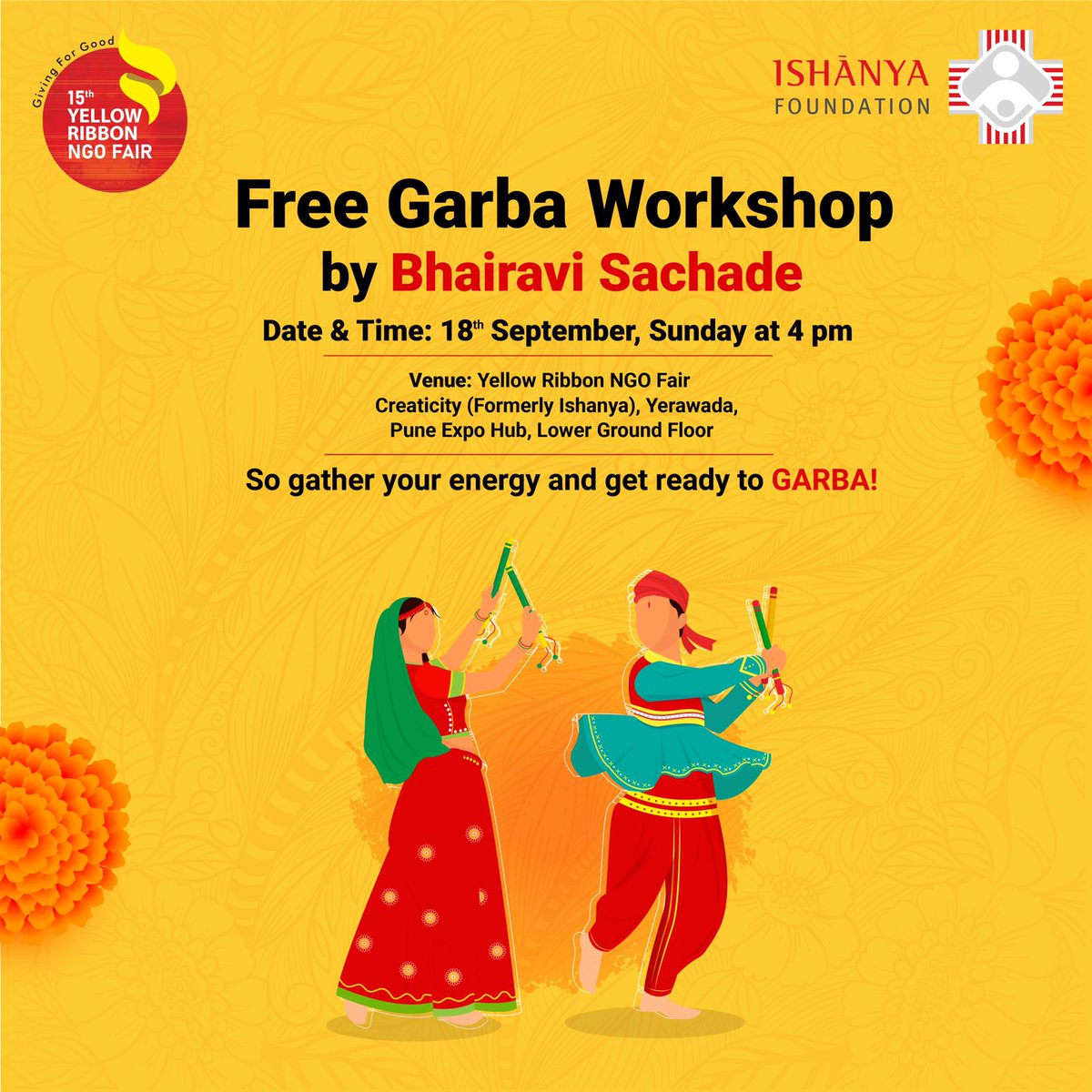 IshanyaF's tweet photo. Ishanya Foundation brings to you a Free Garba workshop by Bhairavi Sachade!

Date &amp; Time: 18th September, Sunday at 4pm
Venue: 
Yellow Ribbon NGO fair. 
CREATICITY (FORMERLY ISHANYA), YERAWADA, PUNE.

#Garba #Freeworkshop #Navratri #YellowRibbon #NGO #ISFON #Ishanyafoundation https://t.co/E1u4uHvrRC