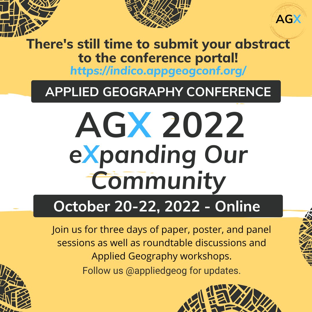 appliedgeog's tweet photo. 📢 Abstract submissions for #AGX2022 close next Friday, September 23rd! Be sure to register for our conference and get your submission in before it closes.

Register at our portal ➡️ https://t.co/UpeIIZKkpl https://t.co/RDWbrQepZ4