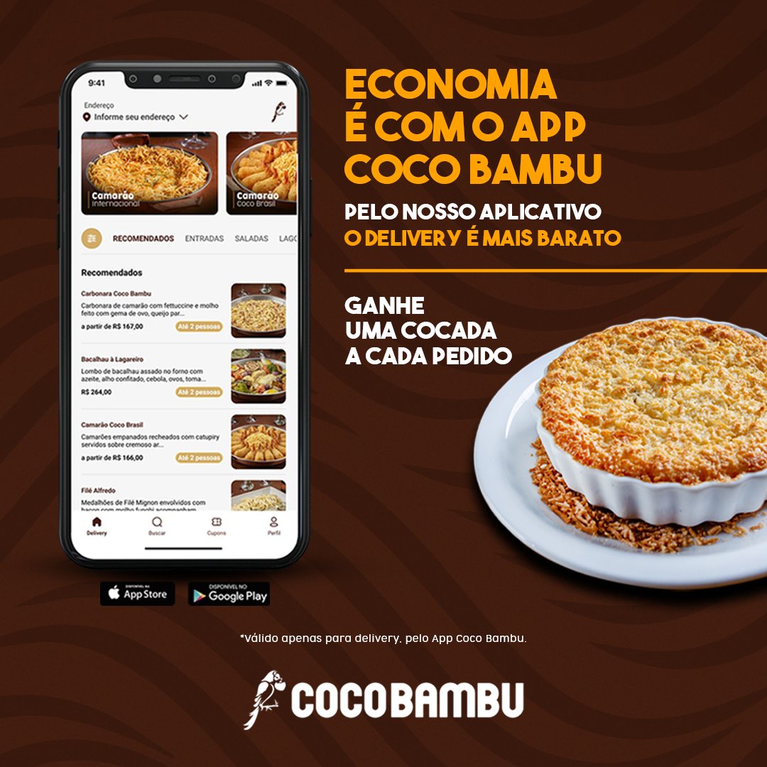 CocoBambuReal's tweet photo. Você sabia que o aplicativo do Coco Bambu tem vantagens incríveis?🤑 Acesse já (link na bio) e confira os descontos do dia! Ah, pedindo delivery, você ganha uma deliciosa Cocada ao Forno! 😋
#AppCocoBambu #CocoBambu #VemProCoco #Desconto #Vantagem #Promoção #Almoço #Jantar https://t.co/5owGFJCEGU