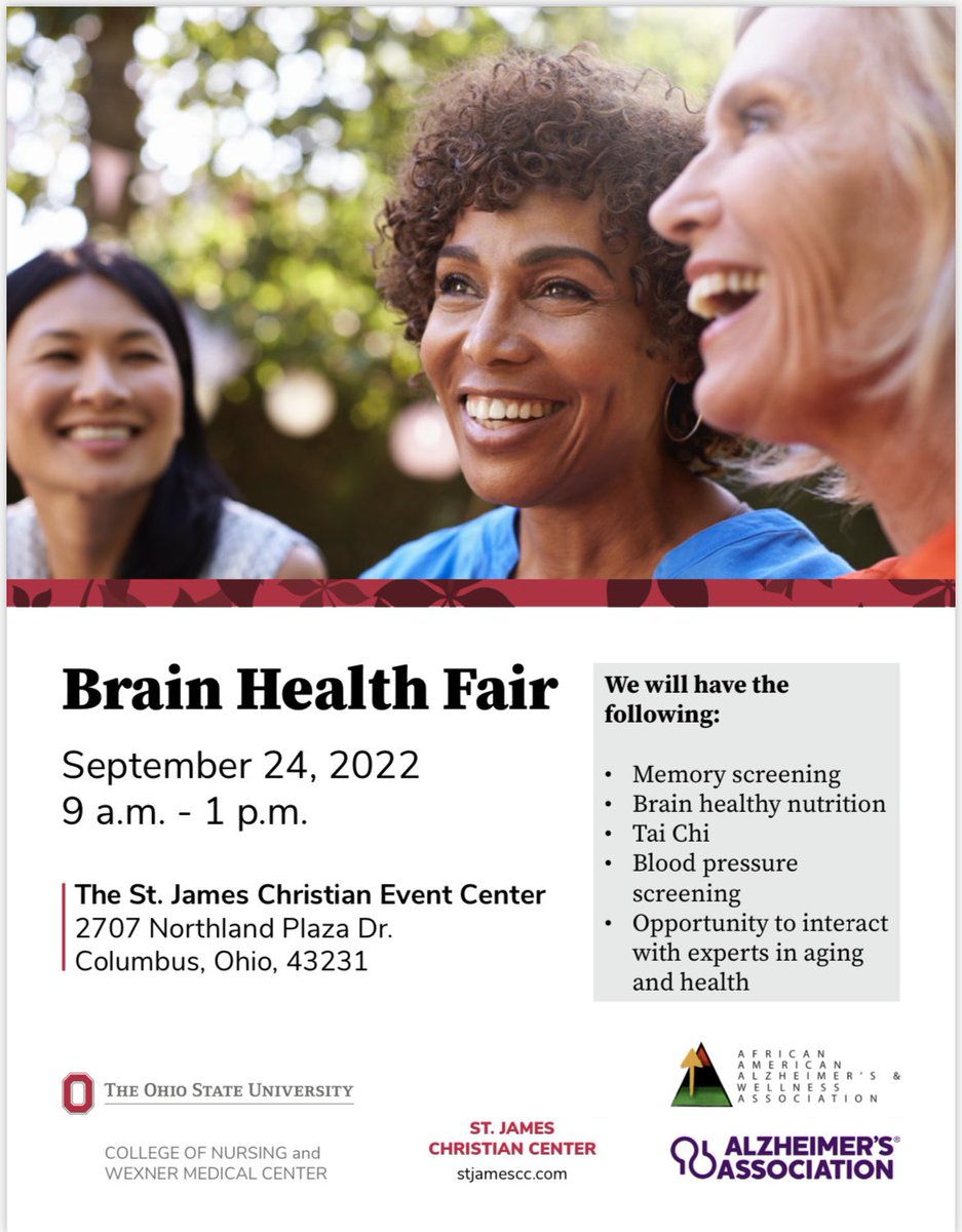 KOMossPhD_RN's tweet photo. We are just 1 week away from our annual Brain Health Fair brought to you by the Alliance for Diversity in Brain Health for the Central Ohio Community (ADHOC). See you there! @##buildingbridges @osunursing @Caregivers777 @ALZCentralOhio @OSUWexMed https://t.co/aOOWY4eUja